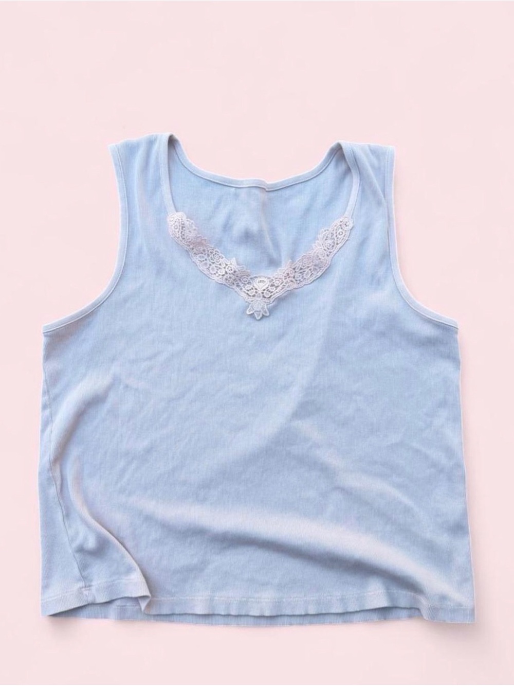 Vintage Light Blue Ribbed Tank with Lace Trim